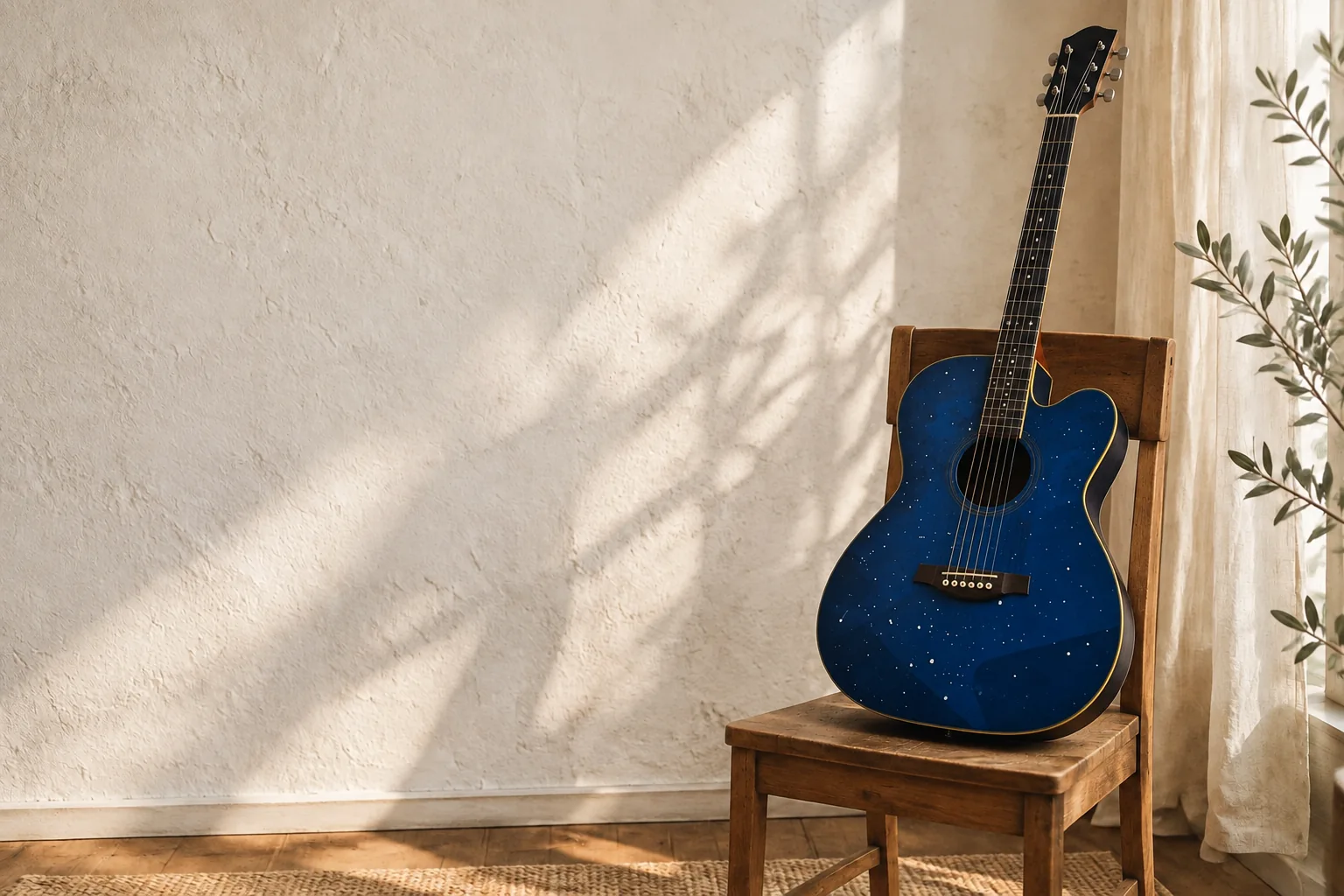 Violão azul sobre uma cadeira em um ambiente iluminado pelo sol